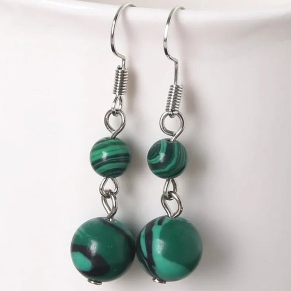 Malachite Pattern Round Beaded Synthetic Stone Dangle Earrings - Picture 1 of 2